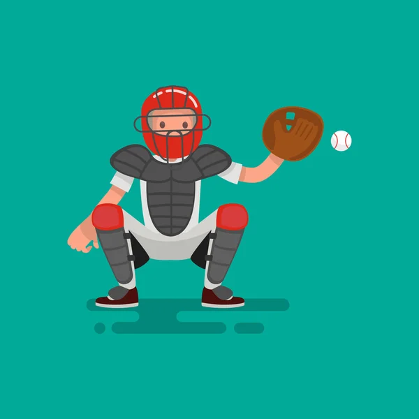 El jugador receptor de béisbol atrapa la pelota. Ilustración vectorial — Vector de stock