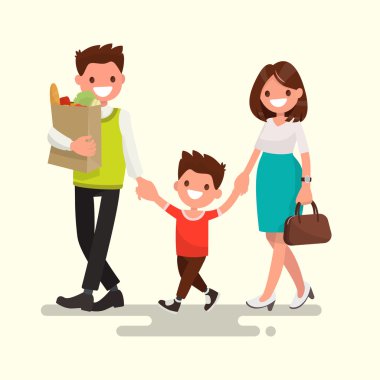 Mutlu bir aile. Baba Anne ve oğlu eve dönüyor. Vektör çizim
