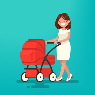 Genç anne çocuk arabası içinde olan yeni doğmuş bir bebek ile yürüme. Vektör 