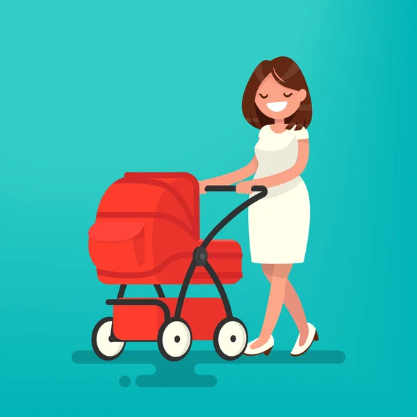 Giovane madre che cammina con un neonato che è nella carrozzina. Vettore — Vettoriale Stock