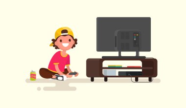 Çocuk video oyunları oynamak bir oyun konsolu. Vektör çizim 