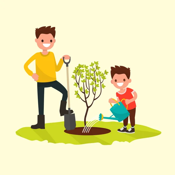 Vater und Sohn beim Pflanzen eines Baumes. Vektorillustration — Stockvektor