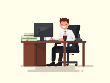 Bir masanın arkasında Office çalışan adam. Vektör çizim