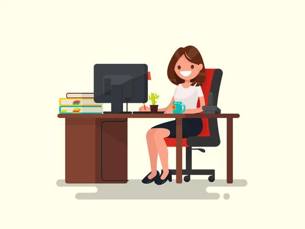 Business woman at work. Office worker woman behind the a work de — Stock Vector