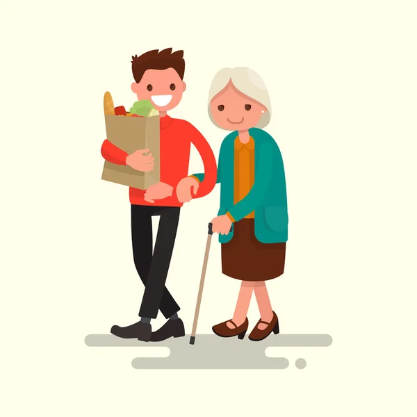Volunteer helping grandmother carry products. Vector illustration — Stock Vector