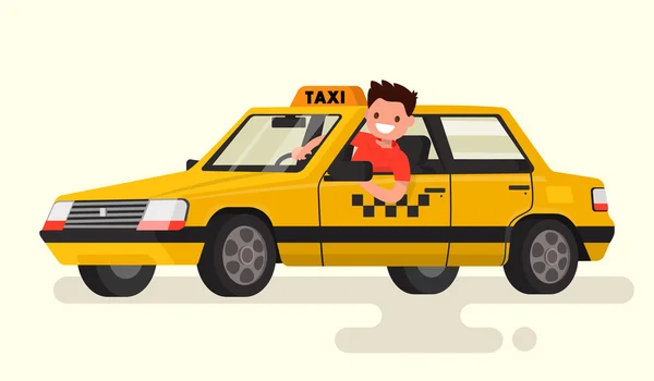 Trevlig taxichaufför på rulla av bilen. Vector illustratio — Stock vektor