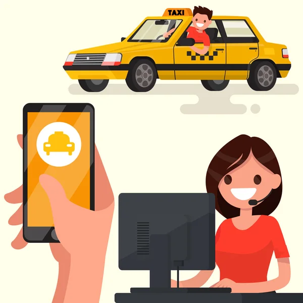 Ordina un taxi attraverso l'app sul tuo telefono. Illustrazione vettoriale — Vettoriale Stock
