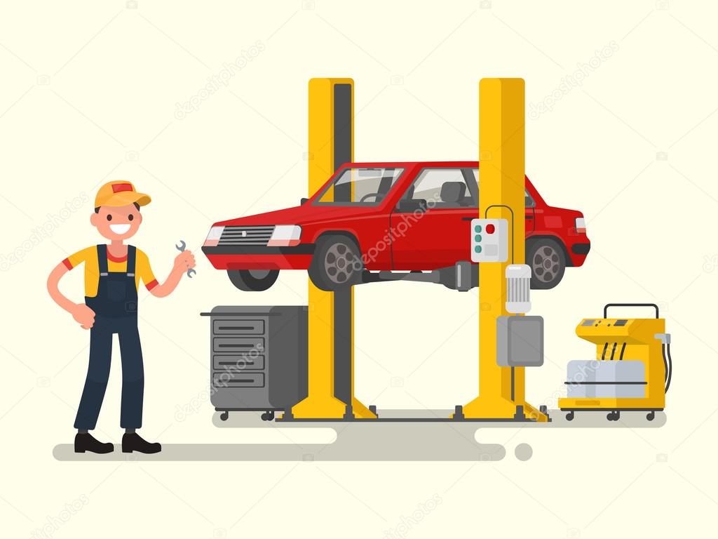 Auto Reparatur. Auto Mechaniker in der Nähe von das Auto angehoben auf  Autolifte. Auto Bedienung und Reparatur, Diagnose. Auto Service. Vektor  Illustration. 24391397 Vektor Kunst bei Vecteezy