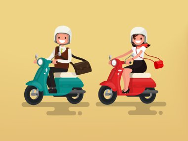 Erkek ve kadın üzerinde onların motosiklet sürme. Vektör çizim 