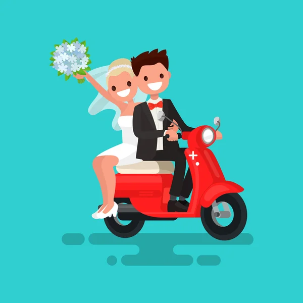 Os recém-casados vão num ciclomotor vermelho. Ilustração vetorial —  Vetores de Stock