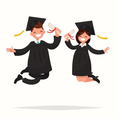 Adam ve kız üniversite mezunları sevinçle sıçrama. Vektör illust