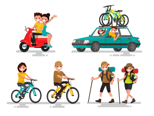 Leisure. Young couple riding a bike, traveling, hiking involved. — Stock Vector