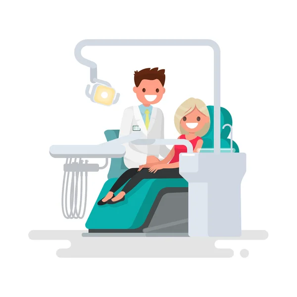 Zubní ordinaci. Zubním lékařem a pacientem. Vektorové ilustrace — Stockový vektor