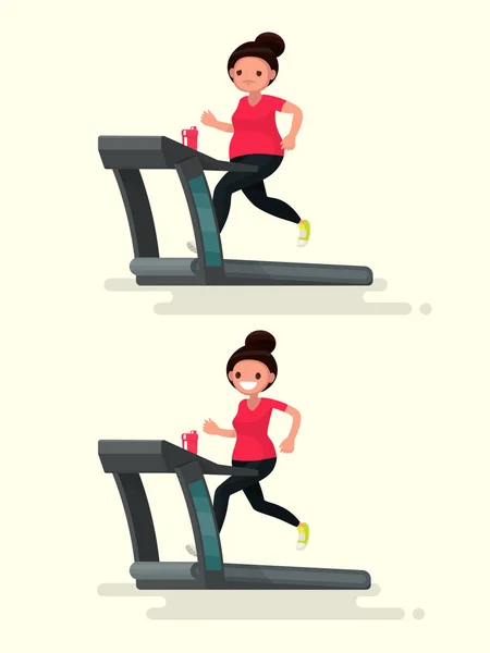 Înainte şi după. Femeia obeză aleargă pe o bandă de alergare, și ea după — Vector de stoc