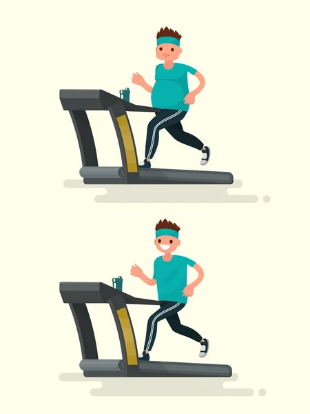 Önce ve sonra. Bir koşu bandı ve peşinde koşan obez adam