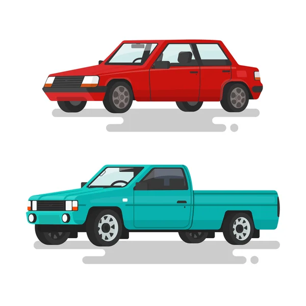 Coche sedán y camioneta sobre fondo blanco. Vector illus — Vector de stock