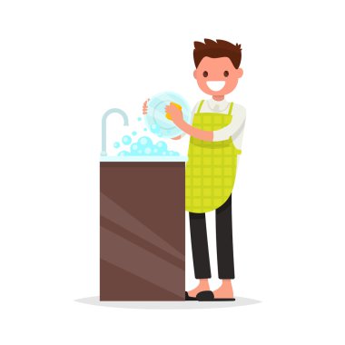 Adam gülümseyen bir önlük giymiş bulaşık yıkıyor. Vektör illustratio