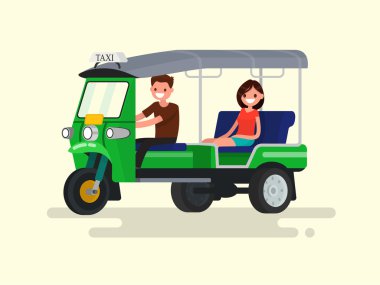 Sürücü ve yolcu 3 tekerlekli tuk-tuk taksi. Vektör illustra