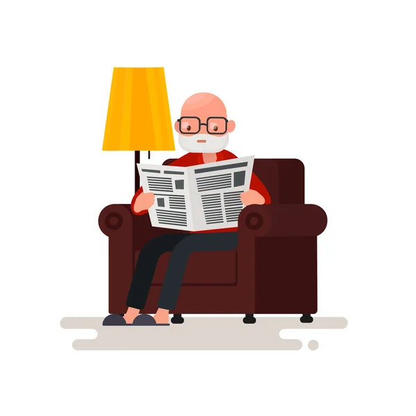Дедушка читает газету, сидя в кресле. Вектор i — стоковый вектор