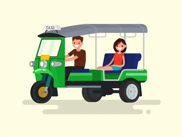 Föraren och passageraren trehjuliga tuk-tuk taxi. Vector illustra — Stock vektor