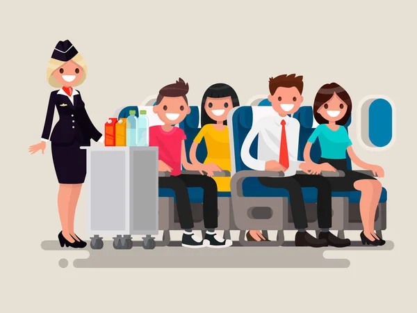 Flight attendant serving drinks to passengers on board of the aircraft — Stock Vector