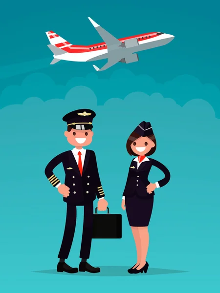 Пилот и стюардесса на фоне взлетающего самолета — стоковый вектор