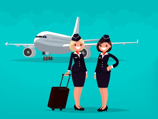 Two flight attendants against the backdrop of civil aircraft. Ve — Stock Vector