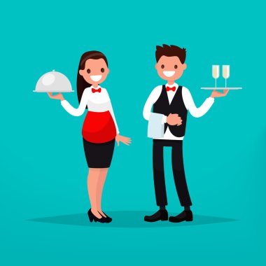 Garson ve garson Restoran. Vektör çizim 