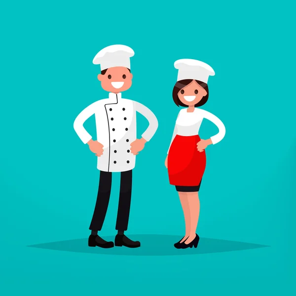 Cocinero hombre y mujer cocinero. Ilustración vectorial — Vector de stock