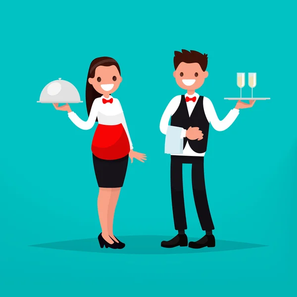 Kelner en serveerster restaurant. Vectorillustratie — Stockvector