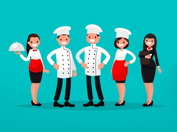 Squadra ristorante. Chef, cuoco, manager, cameriere. Illustrazione vettoriale — Vettoriale Stock