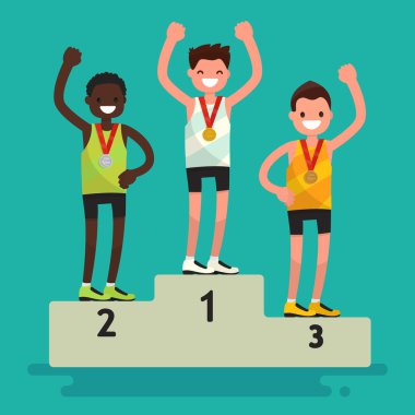  Madalya ödüllendirmenin töreni. Kaide üzerinde üç sporcular