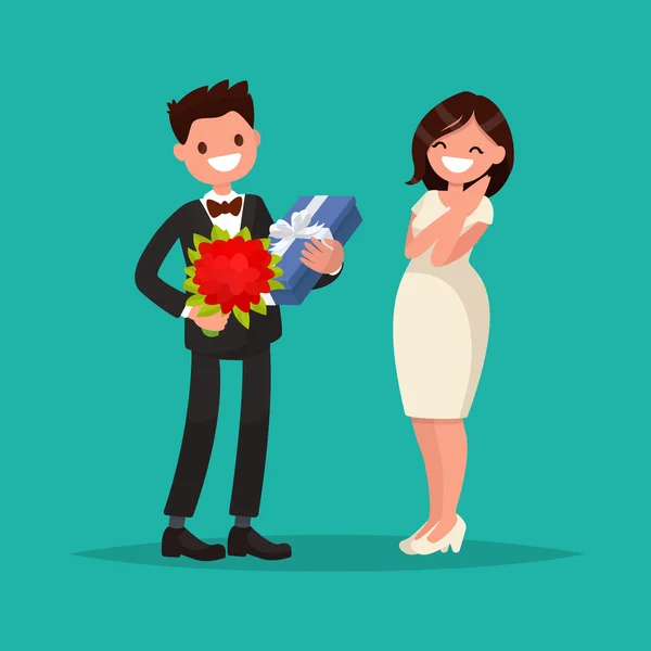 Un homme vêtu d'un costume donne à une femme un bouquet de fleurs — Image vectorielle