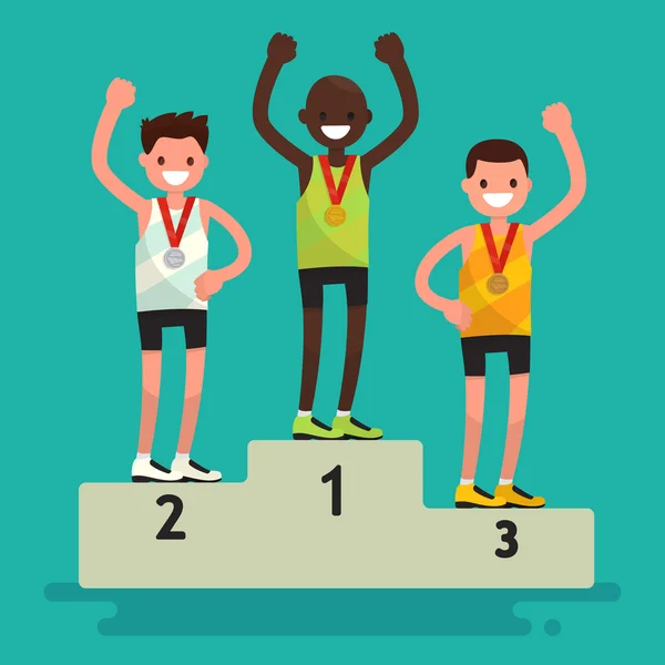 Preisverleihung. drei Athleten mit Medaillen auf einem Podest. Vecto — Stockvektor