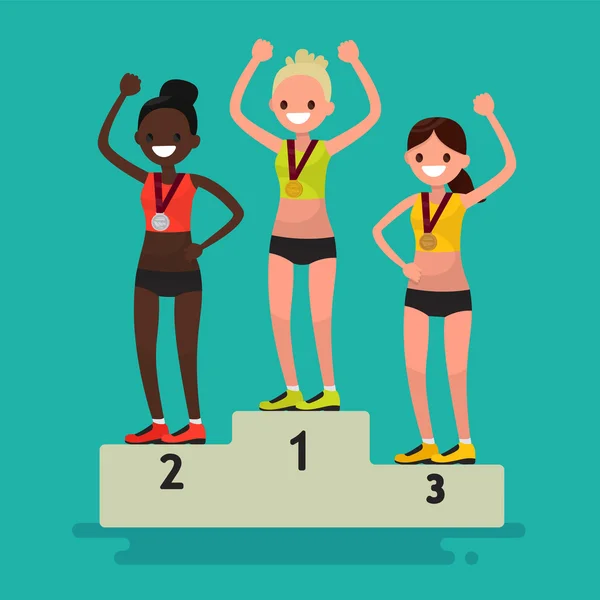 Ceremoni om att dela ut medaljer. Tre kvinnliga idrottare på pedest — Stock vektor