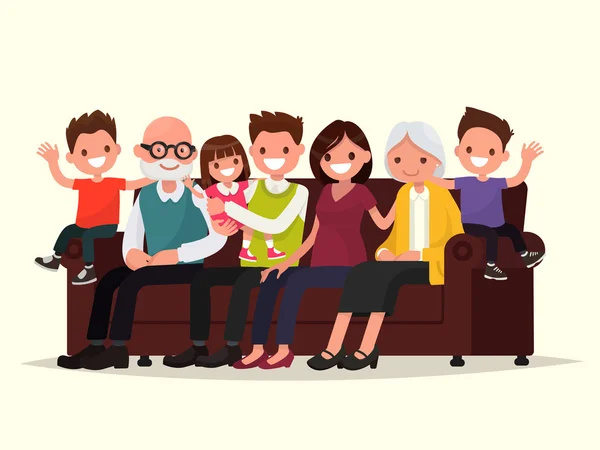 Big family sitting on the sofa. Grandfather, grandmother, father — Stock Vector
