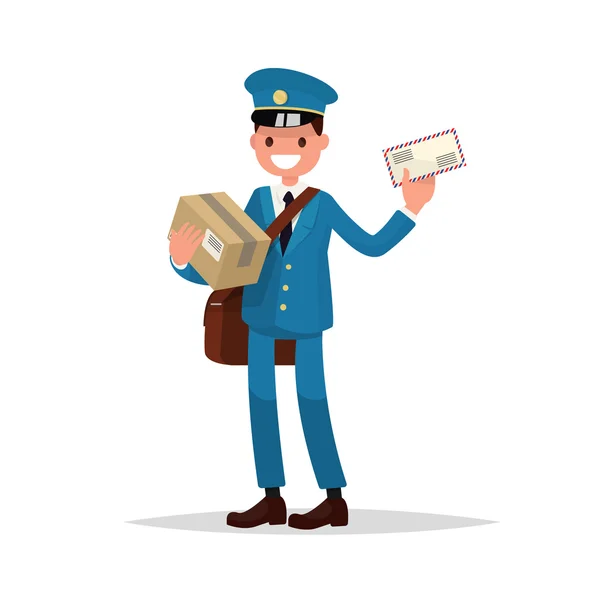 Cheerful postman with parcels and letter. Vector illustration — Stock Vector