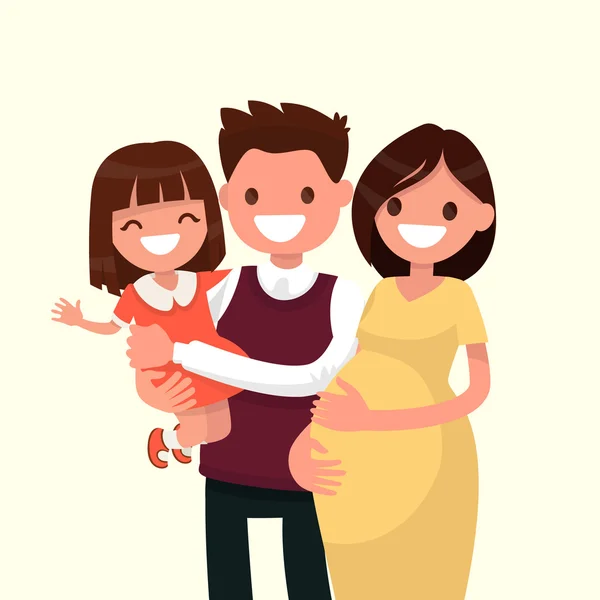 Retrato de una familia joven y feliz. Papá, hija y embarazada mot — Vector de stock