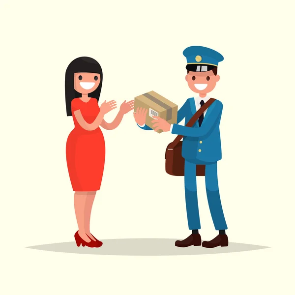 Pošťák dává ženě balík. Vektorové ilustrace — Stockový vektor