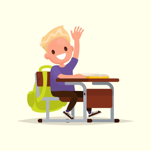 Elementary school student. A schoolboy raises his hand to answer — Stock Vector