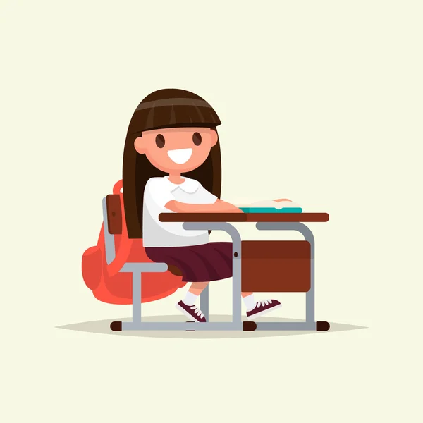 Escuela primaria de estudiantes. La colegiala se sienta en un escritorio de la escuela . — Vector de stock