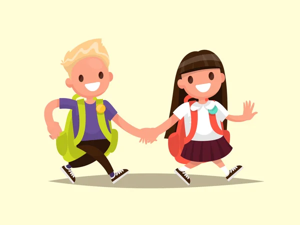 Students Elementary school . Schoolboy and schoolgirl go togethe — Stock Vector