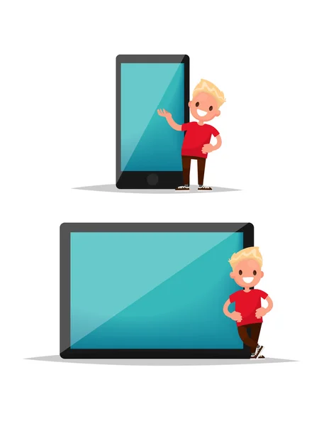 Αγόρι και gadgets. Ένα αγόρι στέκεται κοντά στο τηλέφωνο και το tablet. Διάνυσμα — Διανυσματικό Αρχείο