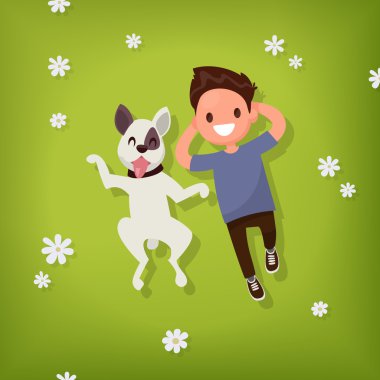 Çocuk ile köpek çimlerin üstünde yatıyor. Vektör çizim 
