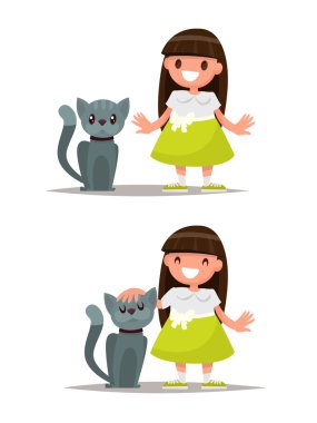 Kız ve kedi ayarlayın. Vektör çizim 