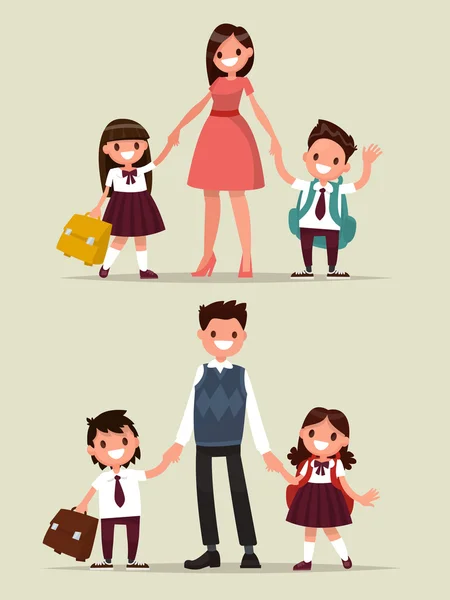 De vuelta a la escuela. Conjunto de personajes. Padres con sus hijos — Vector de stock