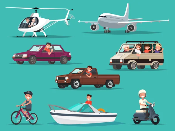 Conjunto de personas y vehículos. Aviones, helicópteros, coches, ciclomotores , — Vector de stock