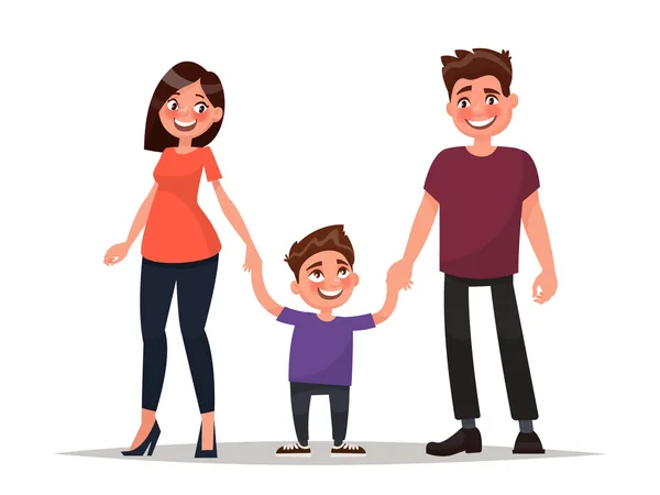 Feliz familia joven. Padre, madre e hijo tomados de la mano. Vector il — Vector de stock