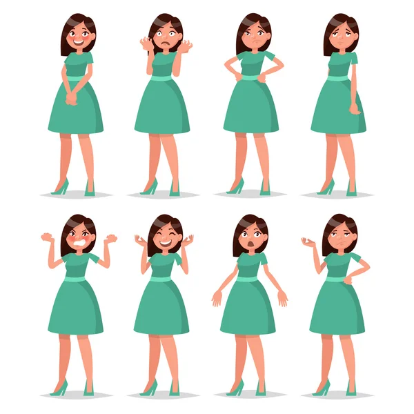 Set chica vestida con un vestido con una variedad de emociones y poses — Vector de stock