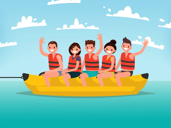 Wasserspaß im Sommer. Männer und Frauen fahren auf einem Bananenboot. Vektor il — Stockvektor